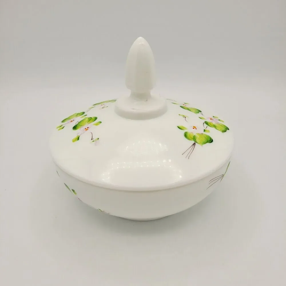 Vintage Fenton Pink Blossoms in the Snow Covered Candy Dish Painted Milk Glass